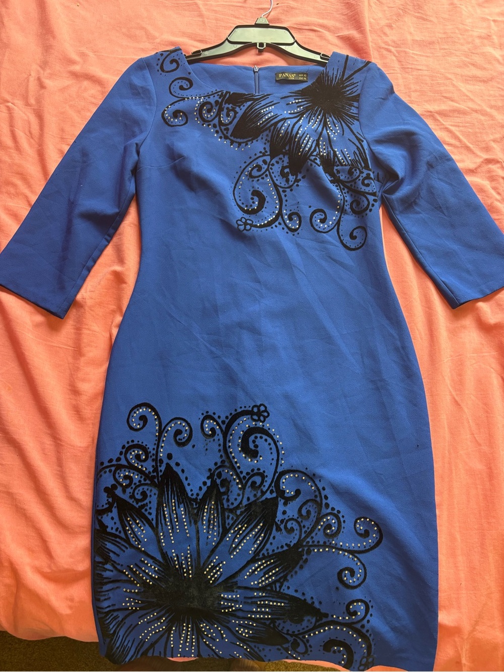 Blue Embellished Sheath Dress - Elegant Floral Design